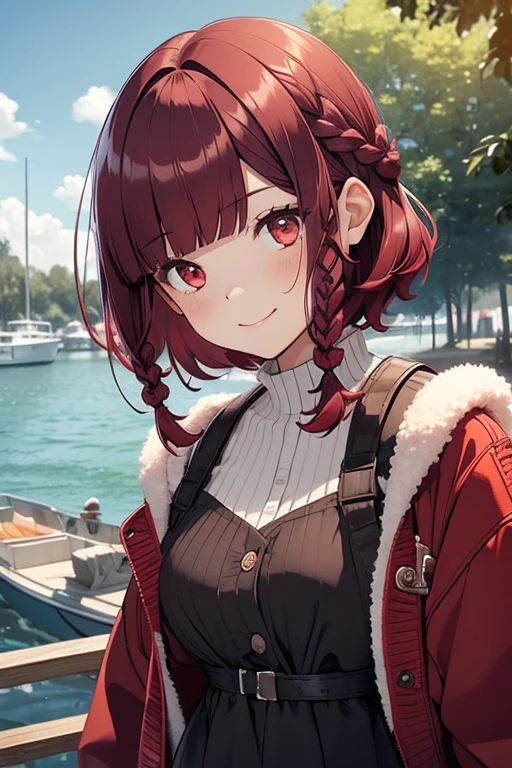 dark red hair, full body Esbian, fluffy hair, childish, Layered Bob,  ((Braided shorthair)), ((Braiding bangs)), (a short bob), a park, Slightly red tide, a smile, tatteredclothing, Bukavka clothes, Fishing eyes