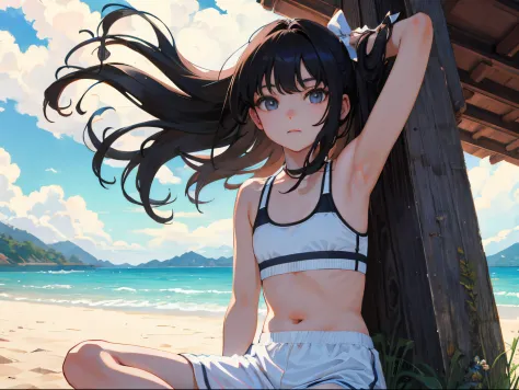 child，（​masterpiece，Highest Quality），Sportsbra，A dark-haired，The wind is blowing