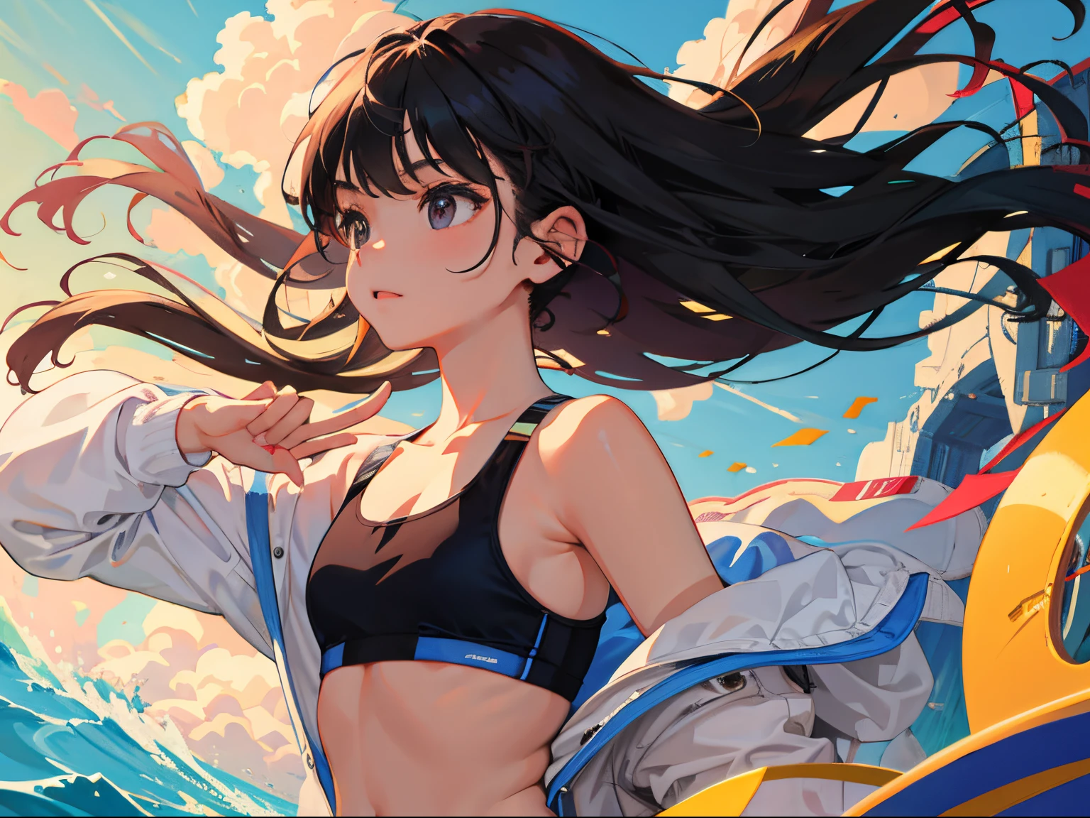 ，（​masterpiece，Highest Quality），Sportsbra，A dark-haired，The wind is blowing