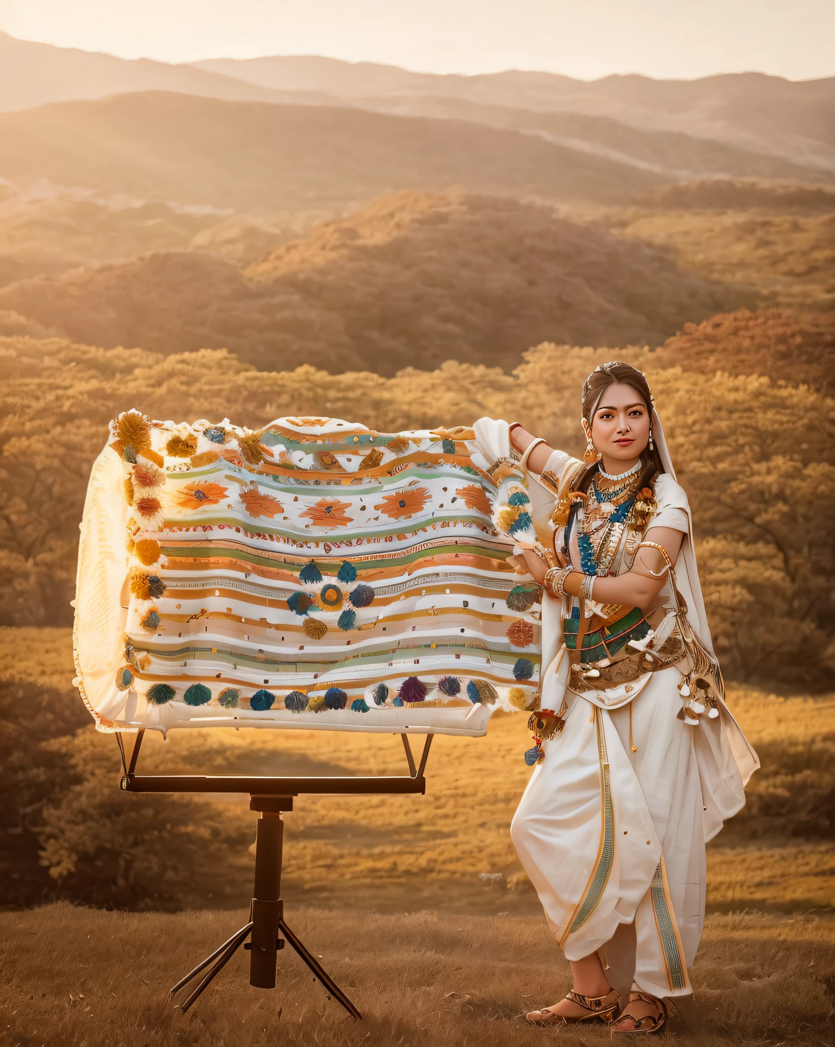 Ultra 8K, Araffe-Frau steht mit einer Decke auf einem Stativ auf einem Feld, trägt ein elegantes Stammes-Outfit, Traditionelle Fotografie, traditionelles Kostüm, traditionelles Kleid, Sie trug Schamanenkleidung, traditionelle Schönheit, Indienn style, aufgenommen mit Canon EOS R 6, shot on nikon z9, eine junge Schamanin, traditionelle Kleidung, traditionelle Kleidung tragen, Indien