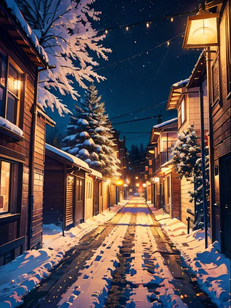(Christmas1.2), (country roads at night:1.3), (snowy nights1.3), (couples:1.2), (warm light1.4), (Lots of snow on the road:1.2),...