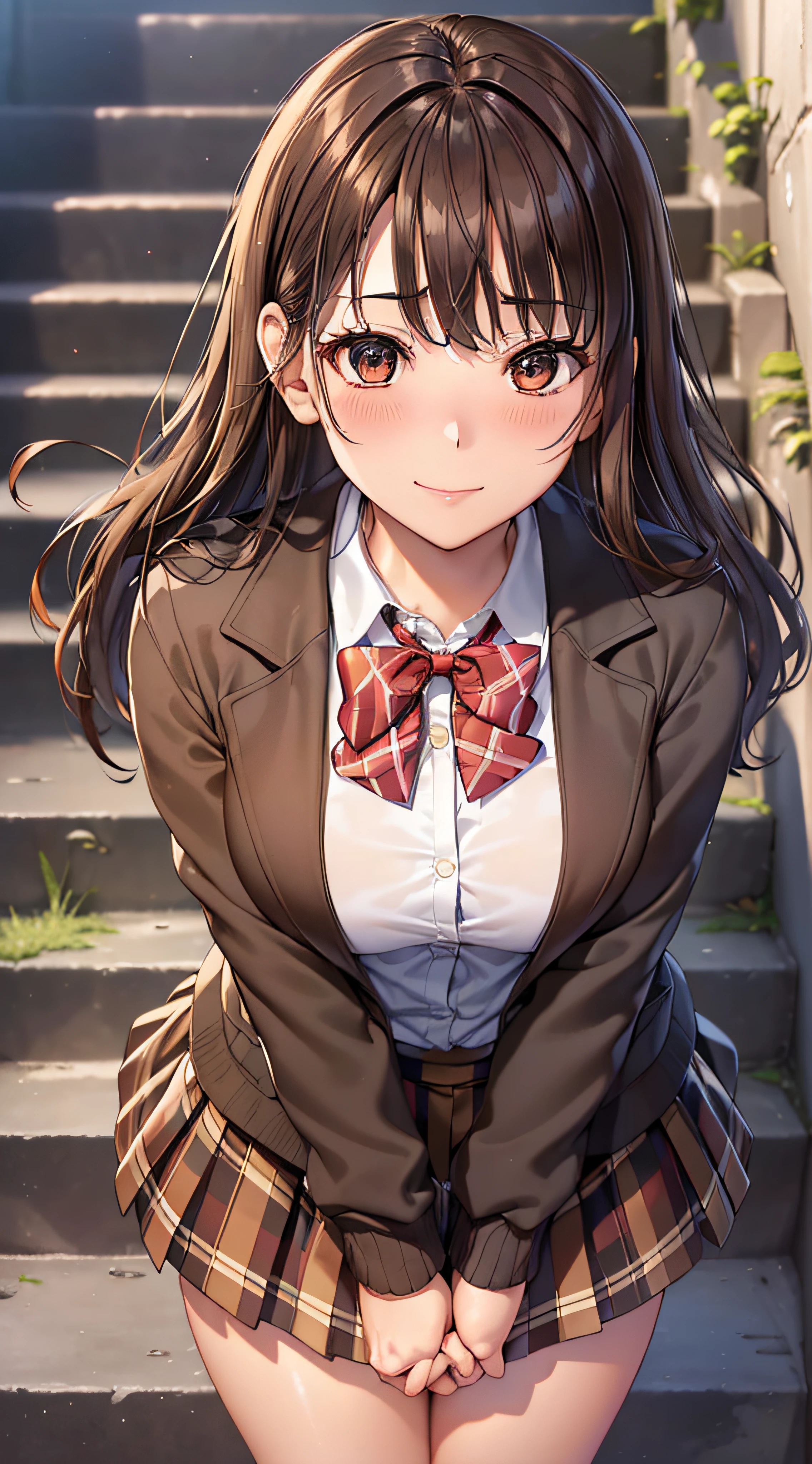 ((masutepiece, Best Quality, hight resolution, nffsw, Perfect Pixel,  4K, nffsw, nffsw))), 1girl in, Single, Solo, Beautie、full body seen、 ((Middle Wave Hair, Bangs, Brown hair)), ((Brown-eyed, Beautiful eyelashes, Realistic eyes)), ((Detailed face, Blushing:1.2)), ((Smooth texture:0.75, Realistic texture:0.65, Photorealistic:1.1, Anime CG style)), medium breasts, Dynamic Angle, Perfect body,  ((red bowtie, , Black jacket, Open jacket, Brown cardigan, White shirt, Black skirt, plaid skirts)), City staircase、Looking up from the bottom of the stairs、Very embarrassing panic smile, turned around、bending forward、(The wind flipped my skirt and exposed my butt............、Touching the buttocks with both hands、Yellow lace panties)、