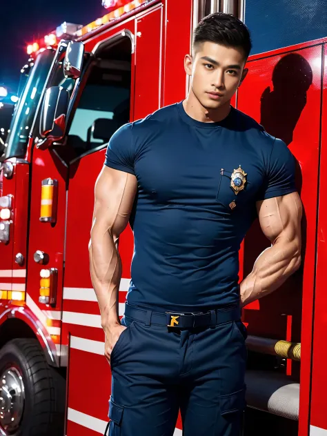(masterpiece: 1.2), (Realistic:1.5), (Post Processing:1.3), (crisp focus:1.3),wide angle, 1 male police officer, Korean Men ,facial hair, Full body, ,(Police badge) ,(Torn navy round neck shirt), (Navy blue round neck shirt.), (Abrasions on the body....: 1...