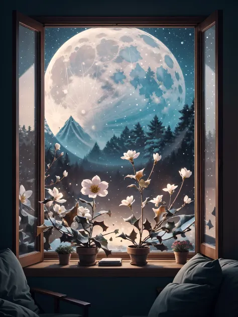 (Best quality:1.2), aesthetic lo-fi minimalist scene, winter, holly flower, window, moon, light bokeh, in soft colors, glitter, ...