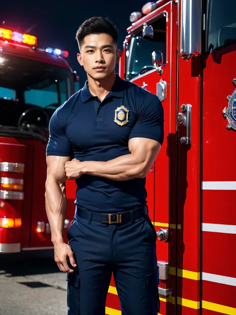 (masterpiece: 1.2), (Realistic:1.5), (Post Processing:1.3), (crisp focus:1.3),wide angle, 1 male police officer, Korean Men ,facial hair, Full body, ,(Police badge) ,(Torn navy blue polo shirt), (Navy polo shirt.), (Abrasions on the body....: 1.3), (Navy C...