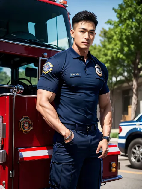 (masterpiece: 1.2), (Realistic:1.5), (Post Processing:1.3), (crisp focus:1.3),wide angle, 1 male police officer, Korean Men ,facial hair, Full body, ,(Police badge) ,(Torn navy blue polo shirt), (Navy polo shirt.), (Abrasions on the body....: 1.3), (Navy C...