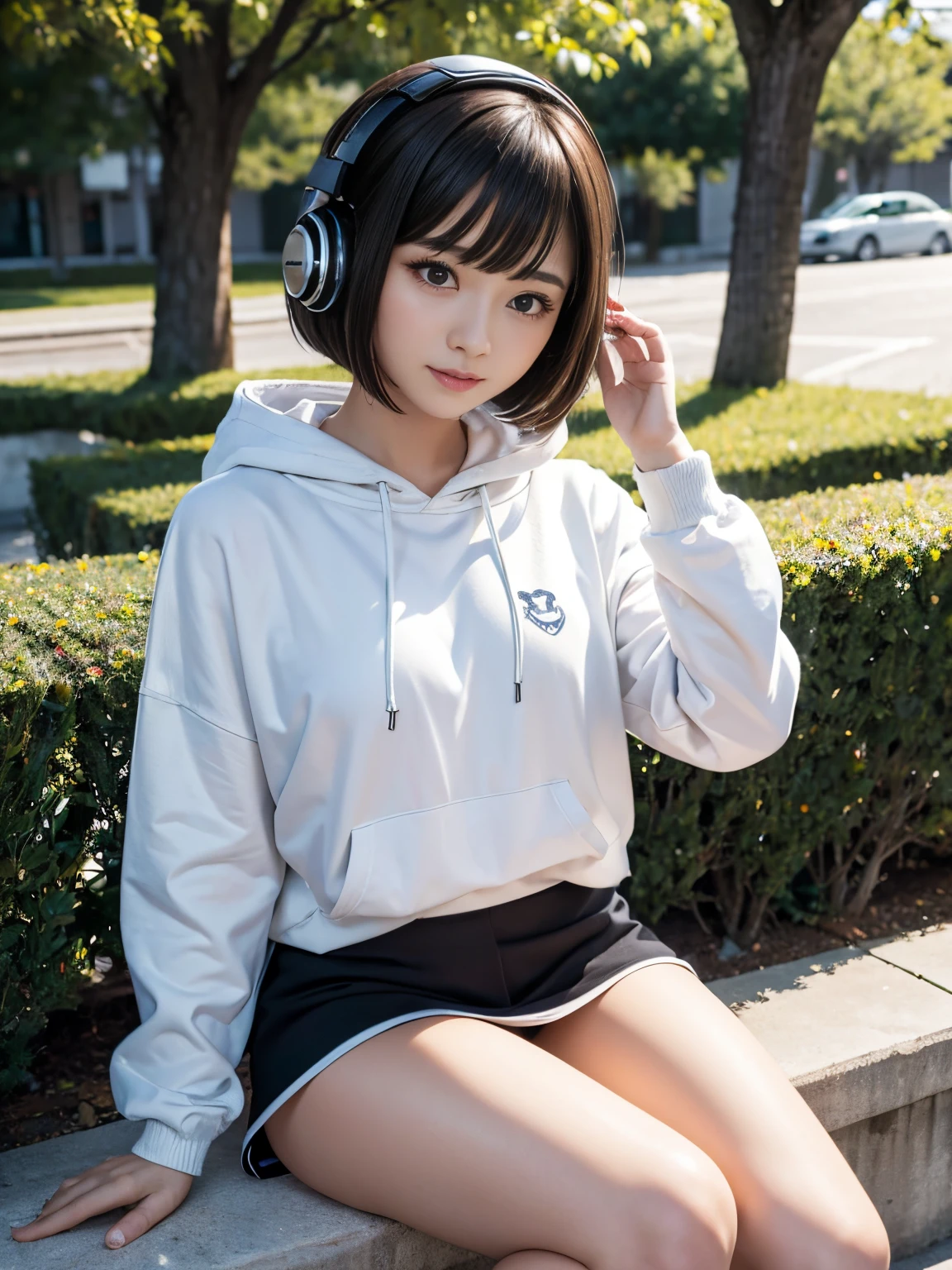 ​masterpiece、ultra-detailliert、8K、((Awesome))、Shorthair with bangs、wearing hoodies、a miniskirt、smil、wear black headphones、sitting on、a park