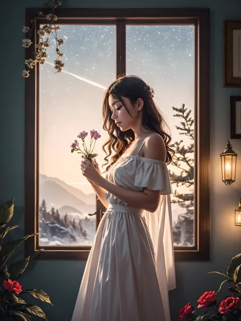 (Best quality:1.2), aesthetic lo-fi minimalist scene, winter, holly flower, window, moon, light bokeh, in soft colors, glitter, ...