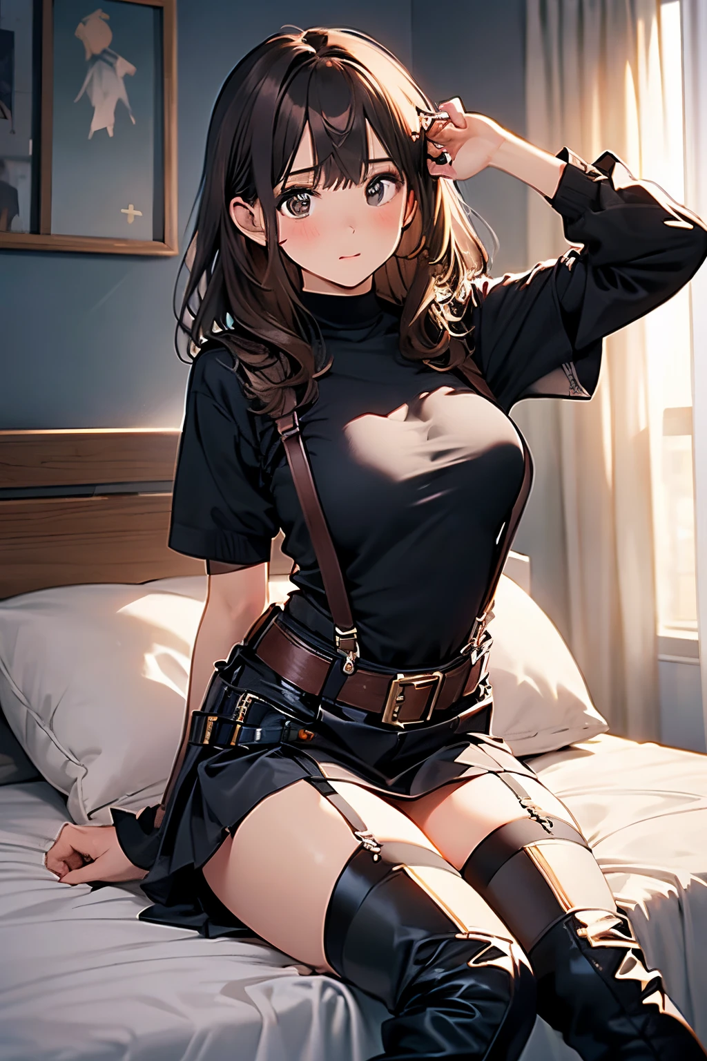 Brown hair、watching at viewers　　　black suspenders　　　Bulging big breasts　　 　 　　　walls: 　Black miniskirt　garters　　　　　　Gaze　　　Small face　bangss 　　　holster　　Belt Armament　Beautuful Women　srestrained　hands up　Lying in bed　Leg holster lying on the bed　　Gaze 　black boots panty shot