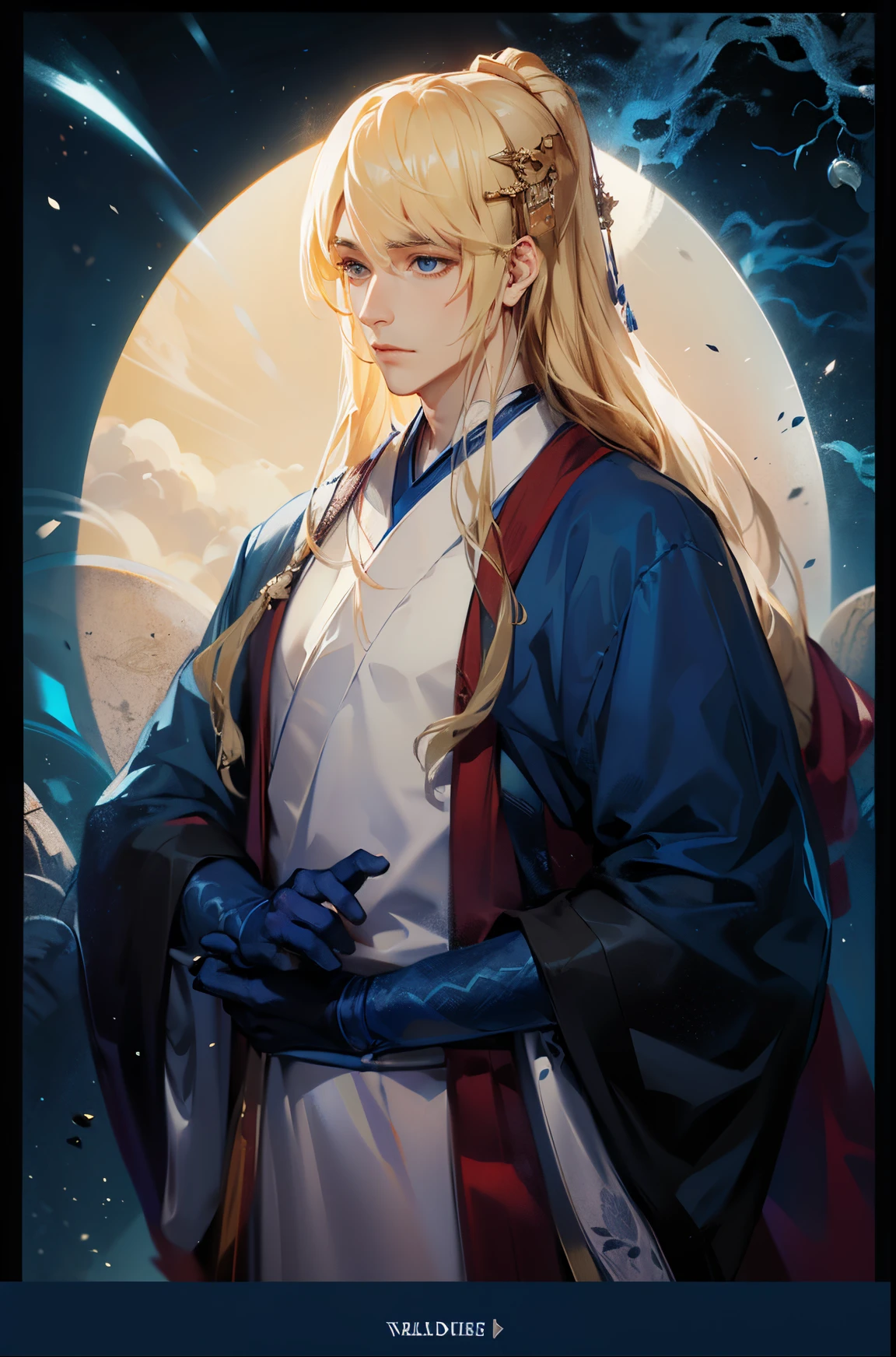 handsome young man, long blonde hair, cinematic lighting, LONG glove, (((deep blue and white male hanfu))), ancient china, minimalist background pattern,  background flat background, masterpiece