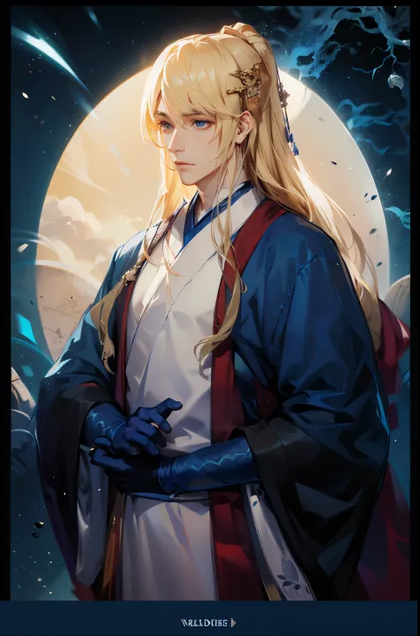 handsome young man, long blonde hair, cinematic lighting, long glove, (((deep blue and white male hanfu))), ancient china, minim...