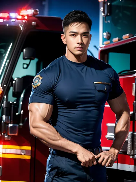 (masterpiece: 1.2), (Realistic:1.5), (Post Processing:1.3), (crisp focus:1.3),wide angle, 1 male police officer, Korean Men ,facial hair, Full body, ,(Police badge) ,(Torn navy round neck shirt), (Navy blue round neck shirt.), (Abrasions on the body....: 1...