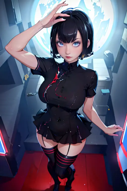 masterpiece, extra high resolution, ultra -detailed, beautiful european girl, black  hair, short bob cut, amazing blue eyes, whi...