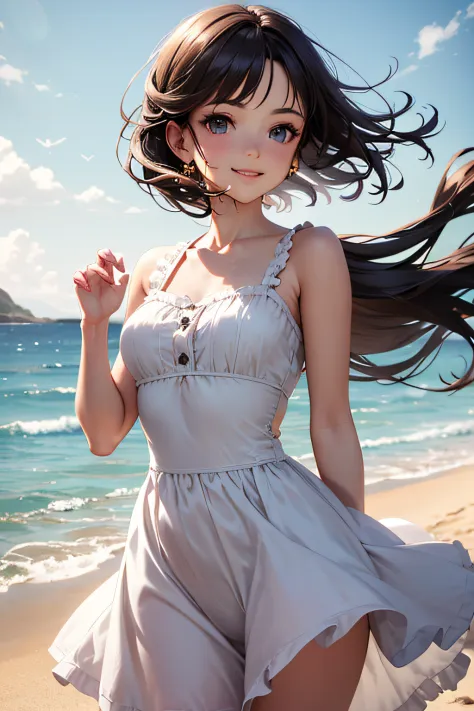 Very cute and beautiful girl,white sundress with small ruffles,(very detailed beautiful face and eyes:1.2),
(Cowboy Shot),Detail...