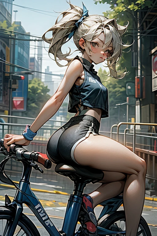 a naked woman sitting astraddle atop the side of a bicycle with flowers in the background, 1girl, solo, shorts, ass, shirt, black shorts, thighs, outdoors, looking at viewer, sleeveless, crop top, sleeveless shirt, bare shoulders, blue shirt, pout, ground vehicle, short shorts, midriff, day, bicycle, bare arms, breasts, looking back, side ponytail, :t, dolphin shorts