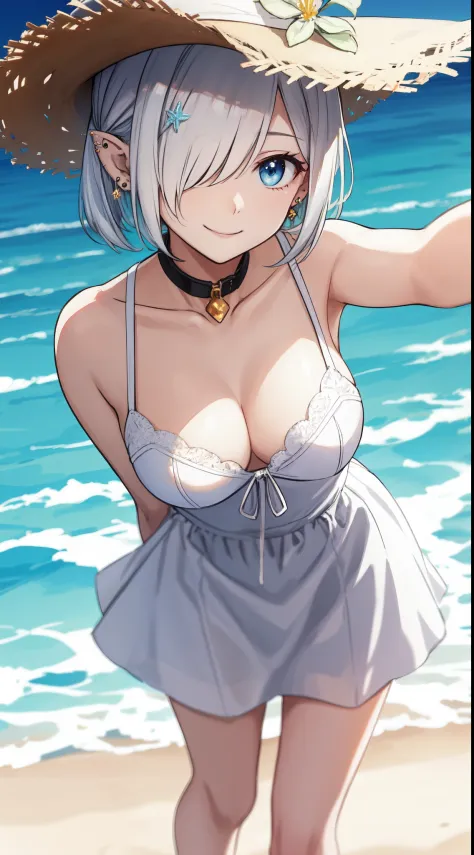 best quality, masterpiece, , ,short, big breasts, white hair,low twintails, blue eyes, yukine chris as elf, Bob cut hair, parted bangs,(hair over one eye), Various accessories, (ear piercing),, beach, sea, white dress, white skirt, white one-piece, straw h...