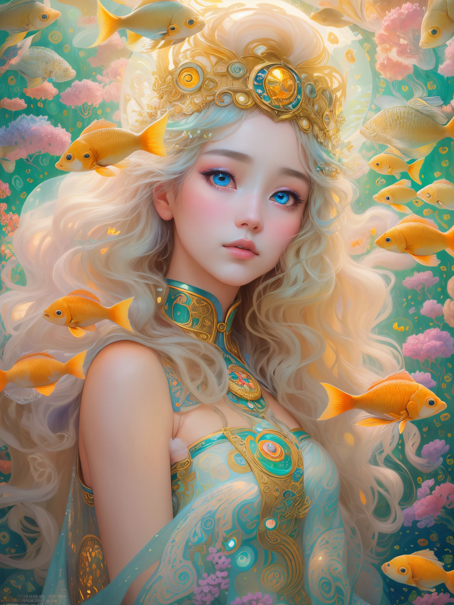 (The most realistic, 4K, A high resolution, tmasterpiece:1.2), Paintwork, Fantasyart:1.37, Sky with fluffy clouds:1.37, (sad cloud goddess:1.37, eyes with brightness, light colors hair, Elaborate makeup, Glowing skin, transparent costume, surrounded by a school of fish:1.37), The light from the back window  backlighted, Artwork in the style of Gustav Klimt, Whimsical art style, In Baiyun Paradise, beautiful fantasy art portrait