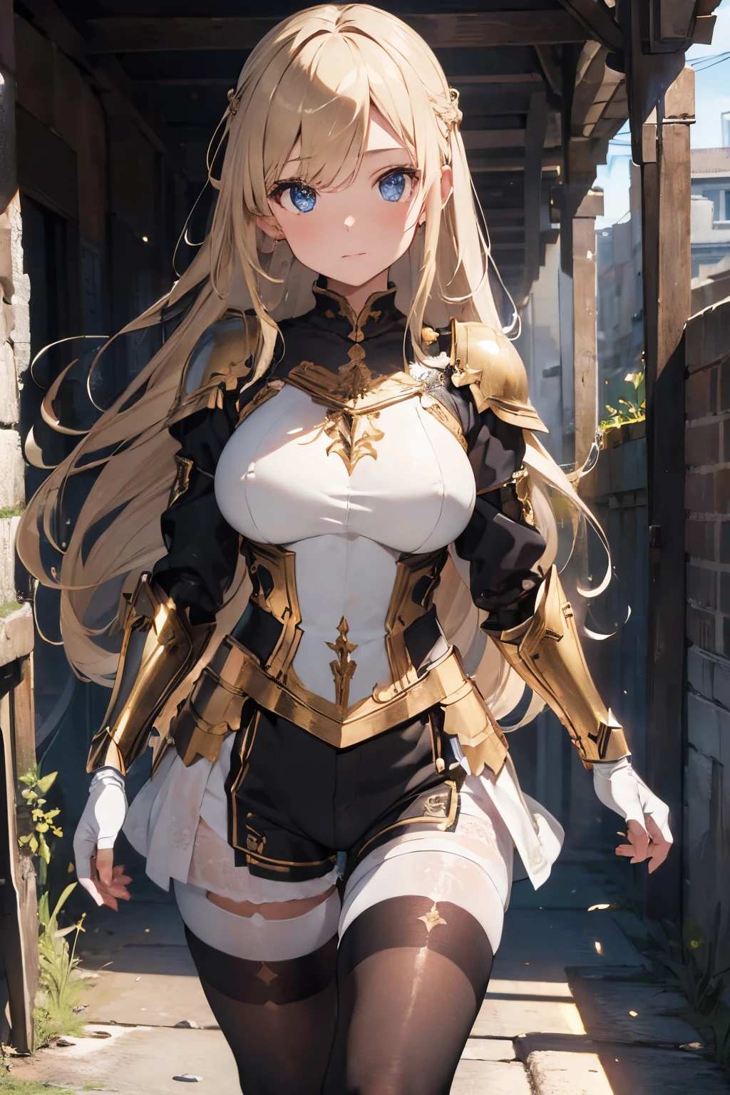 (((masterpiece))), (((best quality))), ((ultra-detailed)), (cinematic lighting), (illustration), (beautiful detailed eyes), (1girl), full body, space, knight, armour, light hair, walking, ruins, best quality, expressive eyes, perfect face, Girl: (blonde hair, long hair, black shorts, white pantyhose, white and gold armour, black gloves),