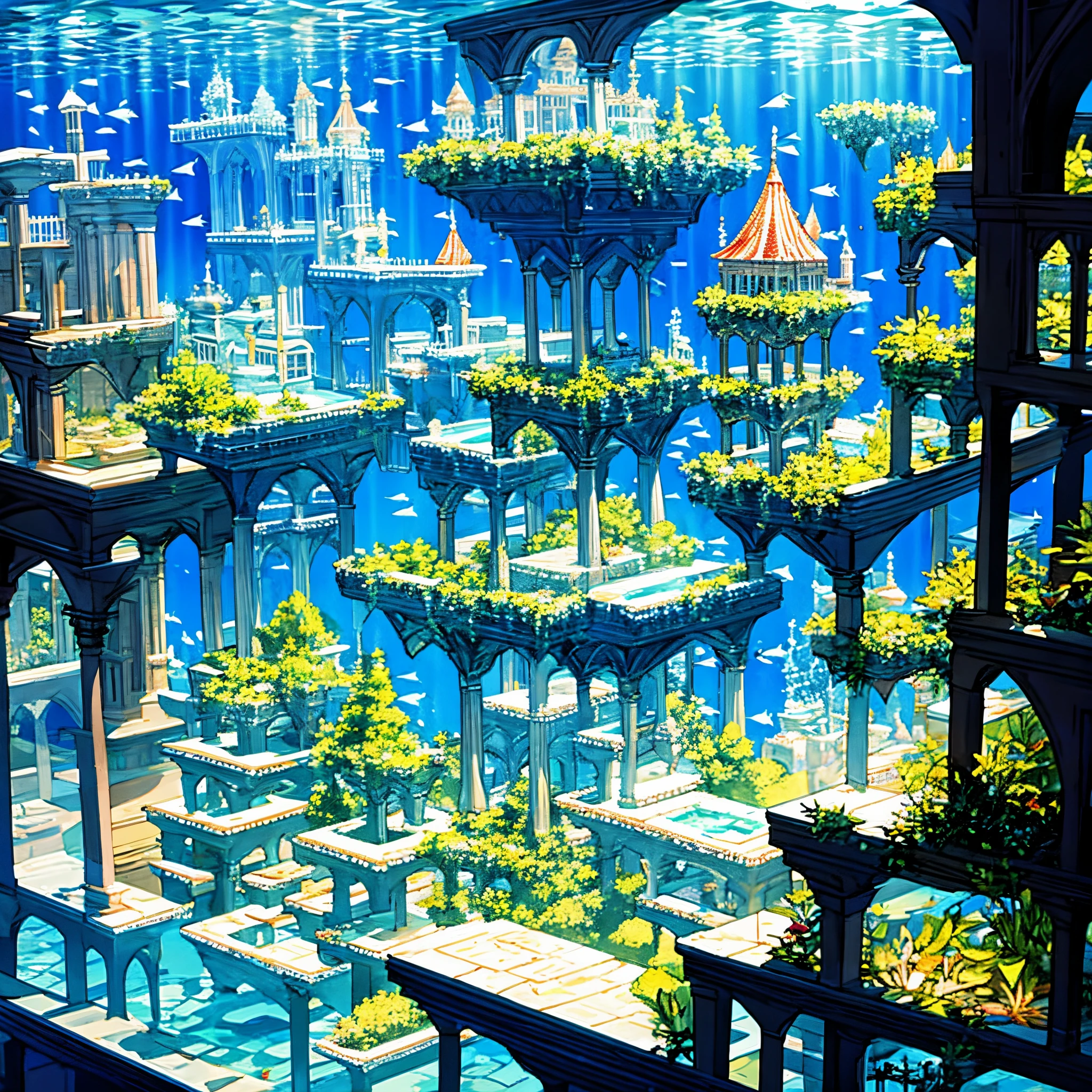 Underwater Palace, Underwater world, Underwater kingdom, school of fish, Castle under water