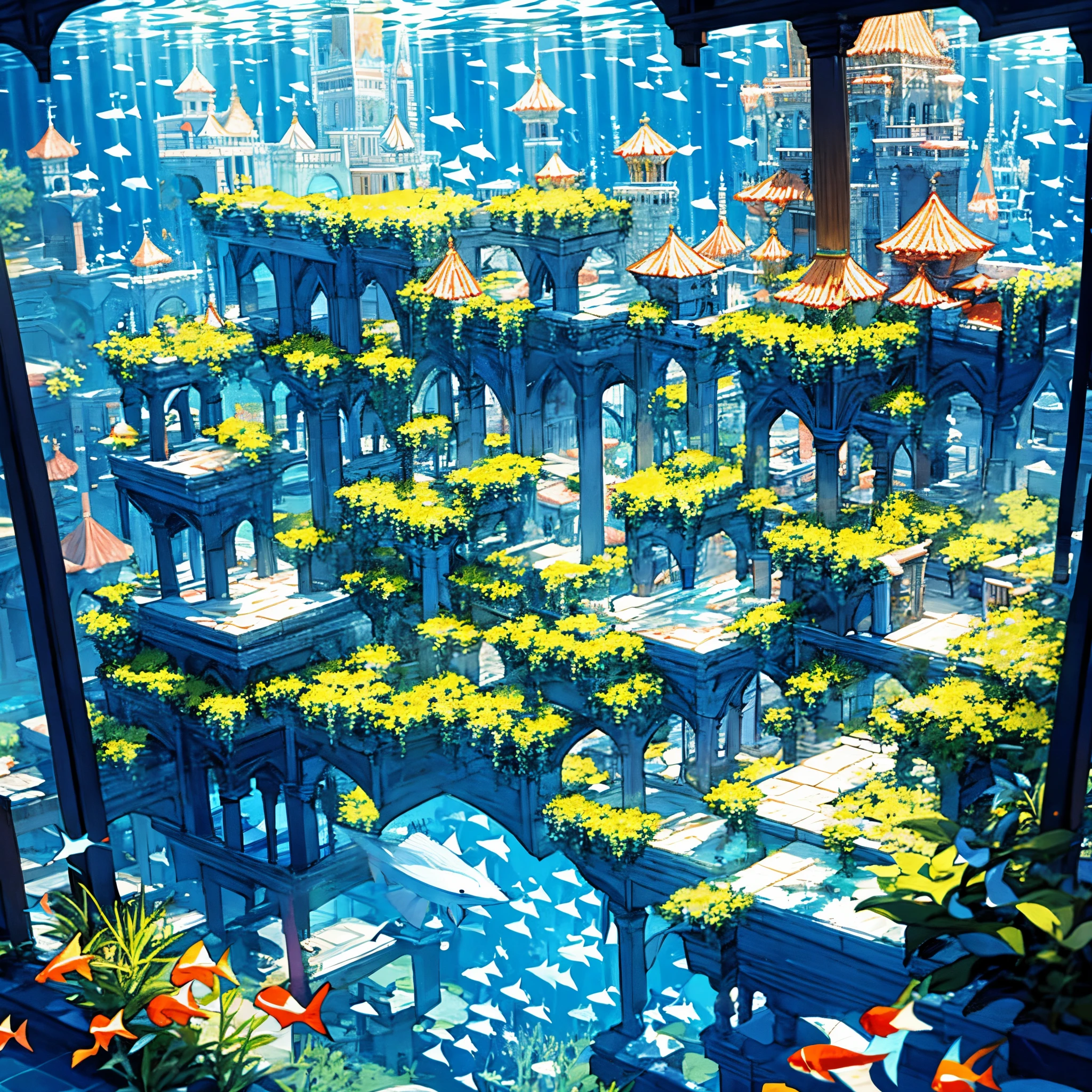 Underwater Palace, Underwater world, Underwater kingdom, school of fish, Castle under water