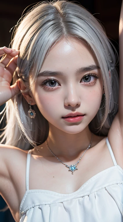 (masterpiece, best quality:1.4), graceful pose, beautiful girl, (violaceaess:1.2), gardeniass, (close up face, white hair, cinch waist elegance white dress:1.3), formal, tiara, necklace, earrings, 8k, 50mm portrait, 18yo, raw photo, absurdres, delicate girl, large breasts, thin arms, very thin waist, (smile:0.5), DSLR, reflecting elegance, facelight, clear lighting, film grain, chromatic aberration, (palace dance hall:1.2), simple background, blue sapphire