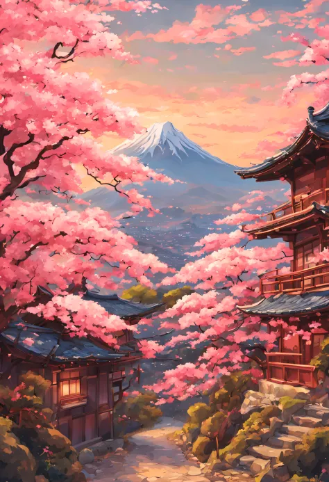 une décoration de montagne, avec des maisons traditionnelles japonaises, Style studio Ghibli, fleur de cerisier, pétale de rose