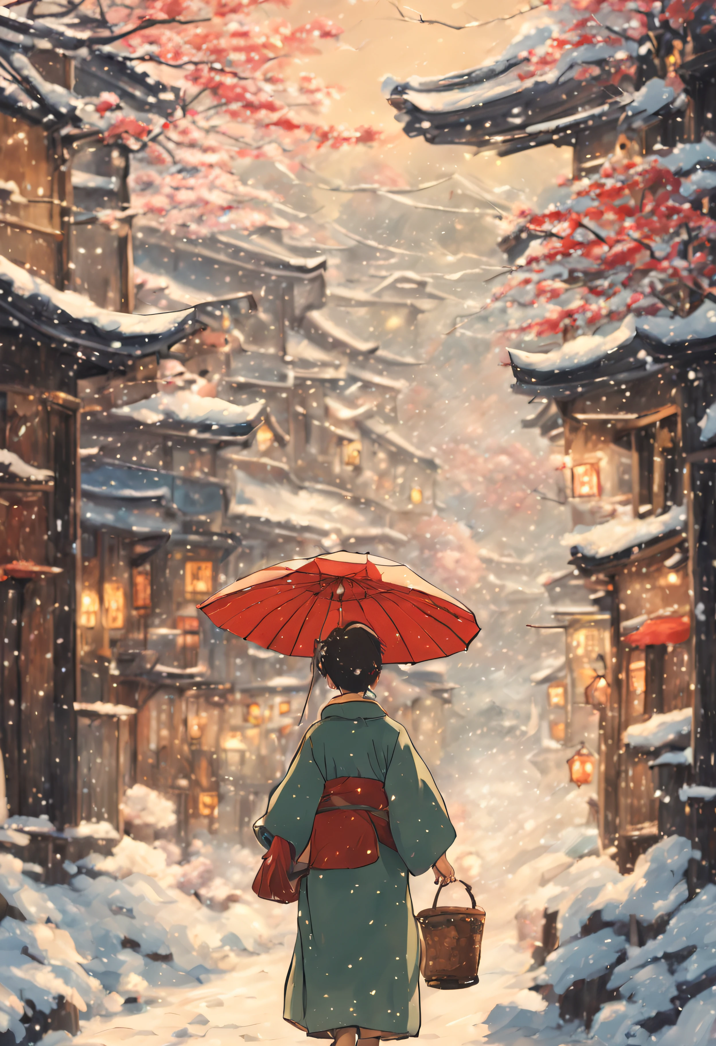 Japanische Straße, traditionell, 4K, sous la neige, Stil Studio Ghibli