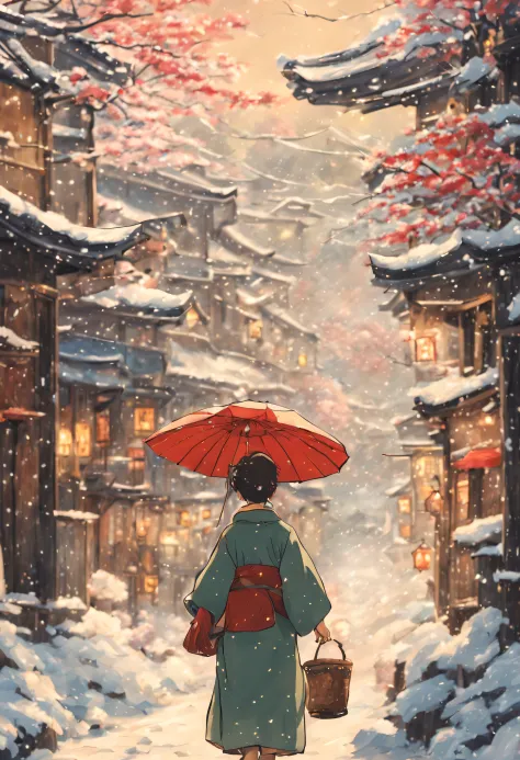rue japonaise, traditionnel, 4K, sous la neige, Style studio Ghibli