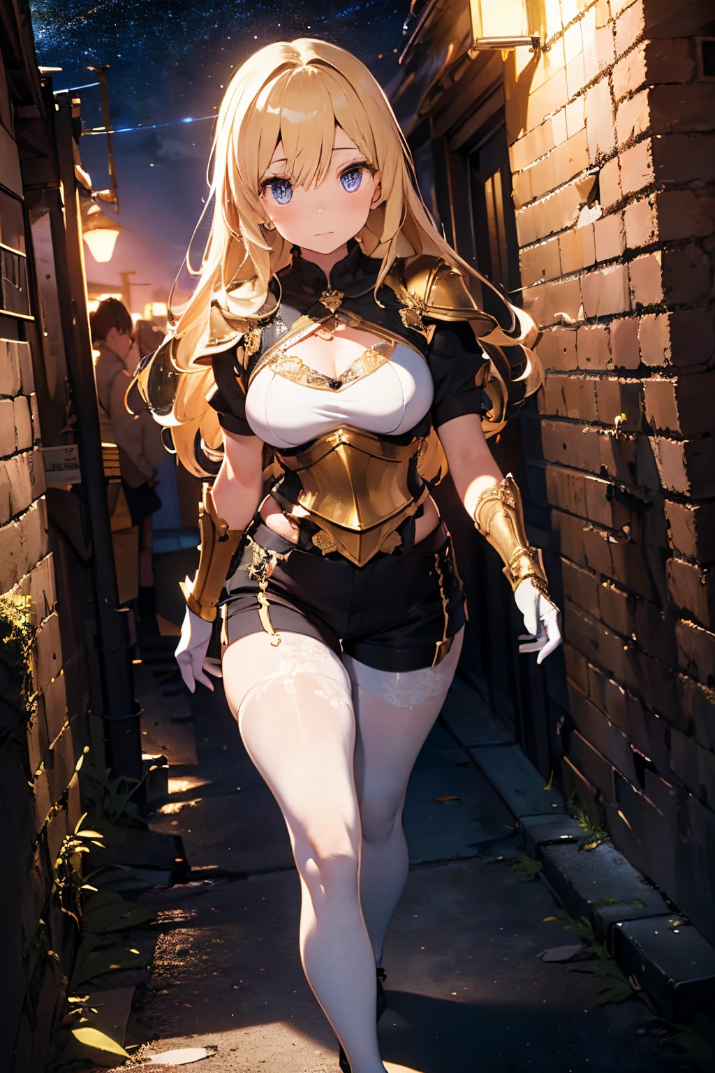 (((masterpiece))), (((best quality))), ((ultra-detailed)), (cinematic lighting), (illustration), (beautiful detailed eyes), (1girl), full body, space, knight, armour, light hair, walking, ruins, best quality, expressive eyes, perfect face, Girl: (blonde hair, long hair, black shorts, white pantyhose, white and gold armour, black gloves),