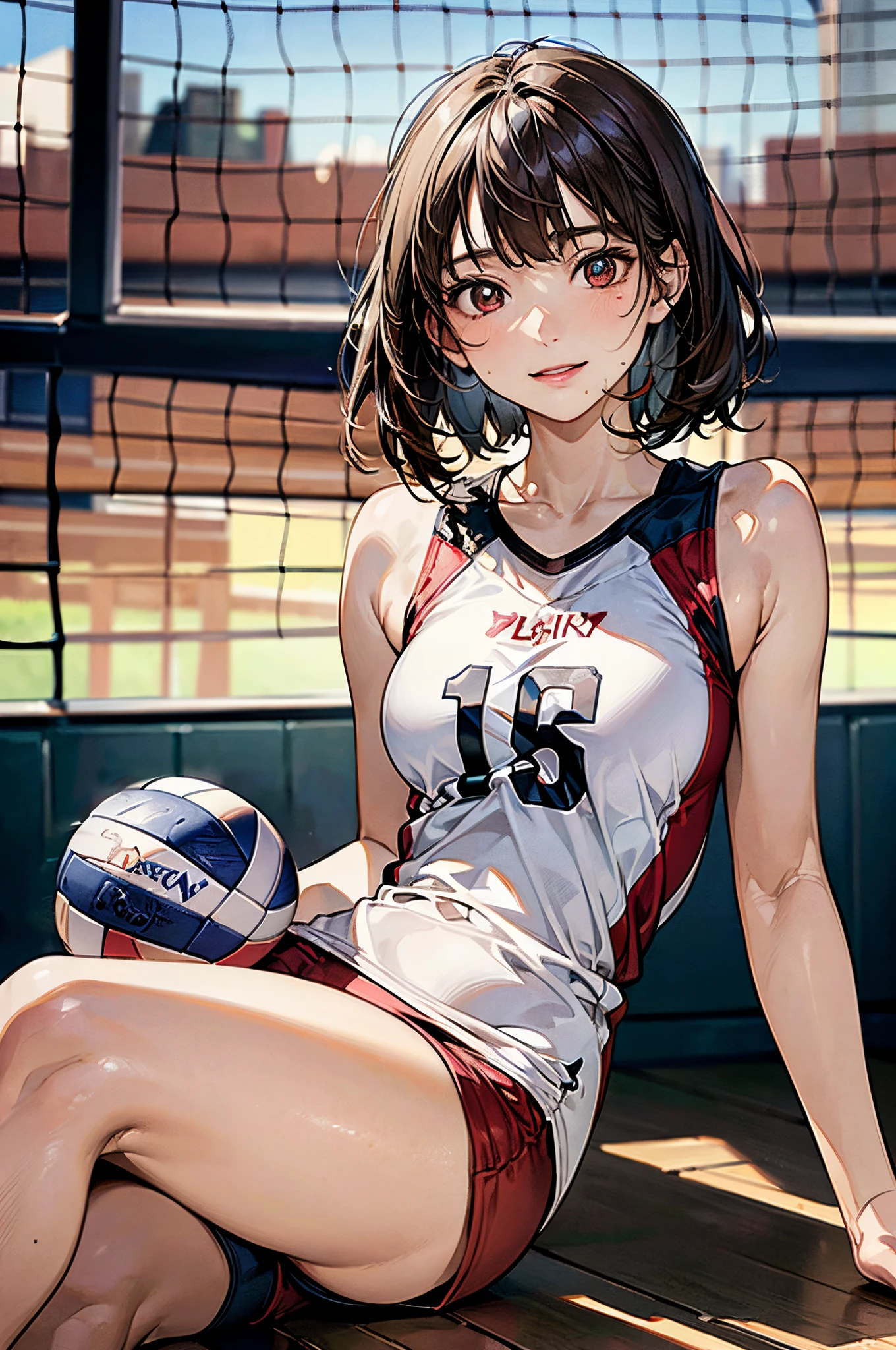 ((((perfect anatomy, anatomically correct, super detailed skin)))), 1 girl, japanese, 16 years old, volleyball player, shiny skin, watching the view, 
beautiful hair, beautiful face, beautiful detailed eyes, brown eyes, (short hair:1.2, bob cut:1.2), babyface, mole under eye, 
beautiful collarbones, beautiful body, Beautiful breasts, beautiful thighs, beautiful legs, large breasts:0.5, seductive thighs, cameltoe, bare arms, bare hands, bottmless, 
((symmetrical clothinetallic, sleeveless, red volleyball uniform, red buruma)), 
smile, sitting floor, ((((m leg, spread legeautiful scenery), morning, ((inside volley ball field)), 
(8k, top-quality, masterpiece​:1.2, extremely detailed), (realistic, photorealistic), beautiful illustration, natural lighting,