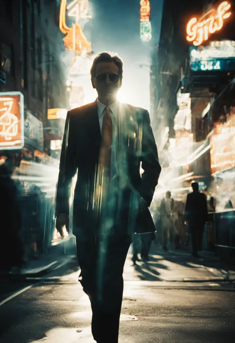 a double-exposure photograph of a man in a suit walking along and a street with neon signs, busy street, crowds,  (sunny 4pm: 1.3), cinematic lighting, (double exposed: 1.5), camera flash light, Shutter drag, motion blur, Lens flare, (graflex speed graphic...