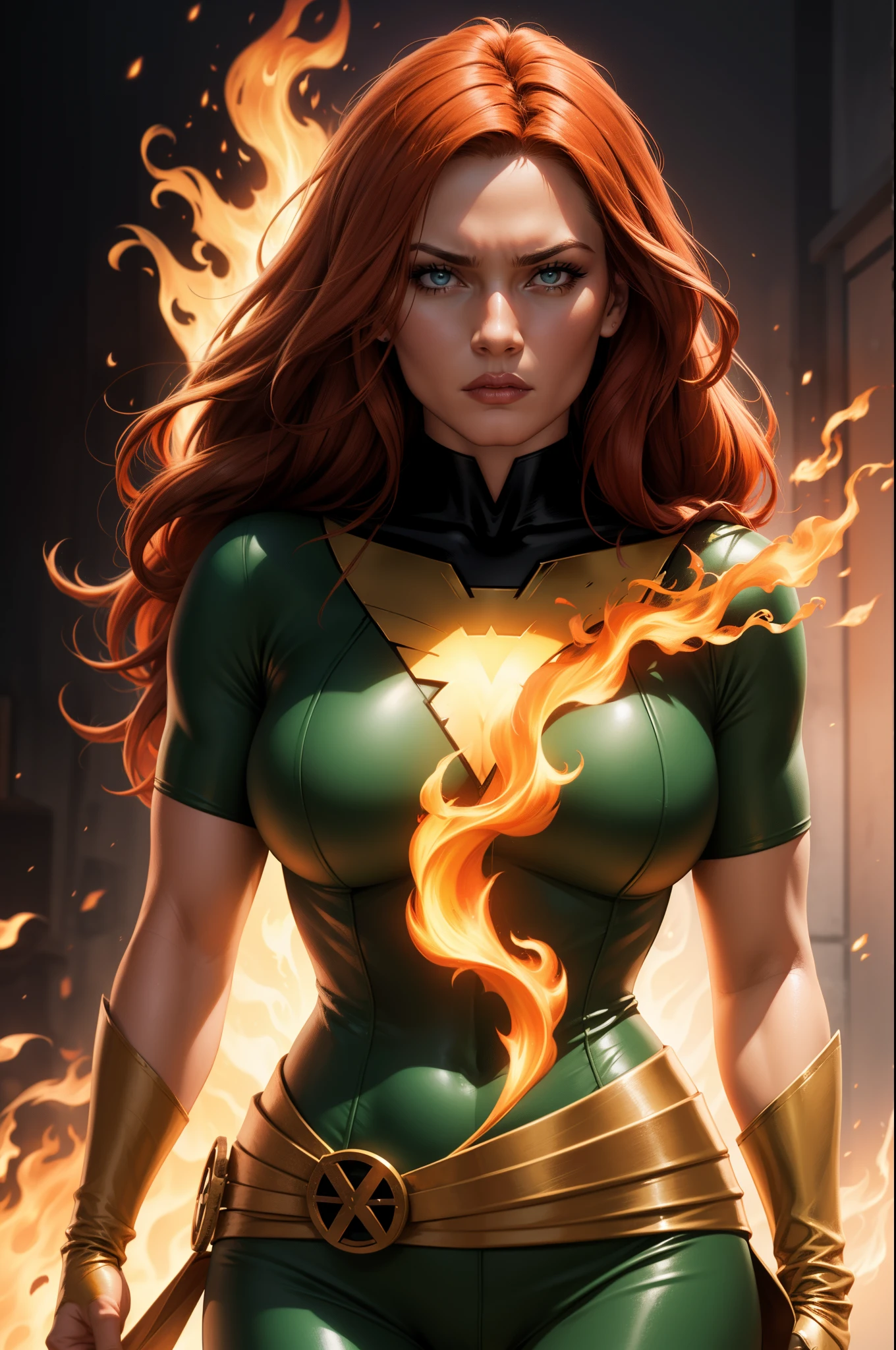 Jeangrey,X-men,Pheonixcostume,superhero,vibrantcolors,fierceexpression,detailedeyes,longredhair,burningflames,telekinesis,emotional,intensebattle,mysticalbackground,bestquality,highreshighlightedoutline,comicbookstyle,widescreenformat,contrastadjusted,hdr,crispdetails,energeticlighting, large breasts, sexy