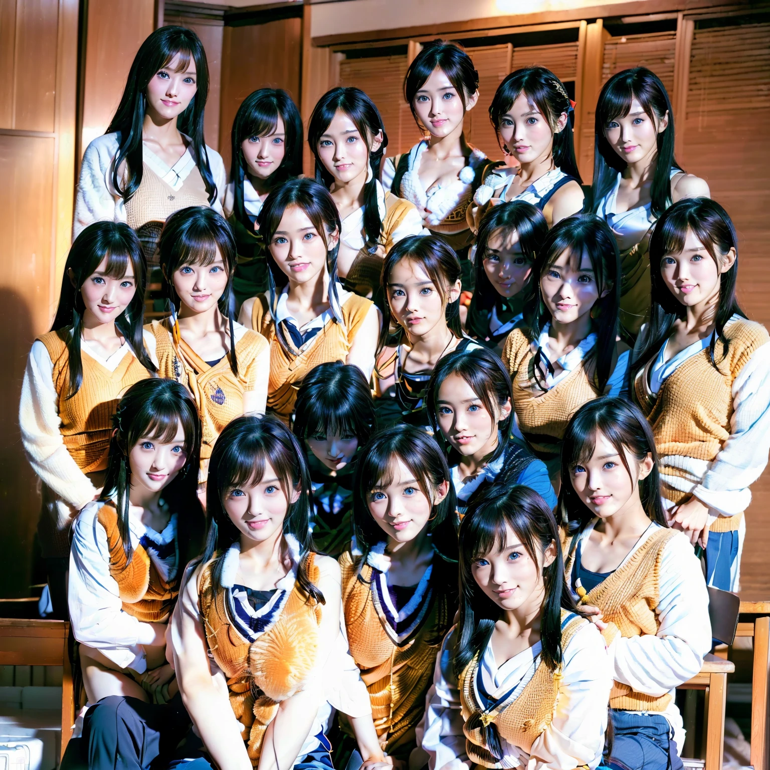 Raw photo、(((multiple girls))),((((6+girls)))),((((100girls)))),(((1000girls)))、((((100 Girls))))、((((Gigantic Breasts))))、Women only、The same face、matching 、12 years old、Long black hair、100 cute girls、a smile、Scene from school、School route、(((Large group)))、a junior high school student