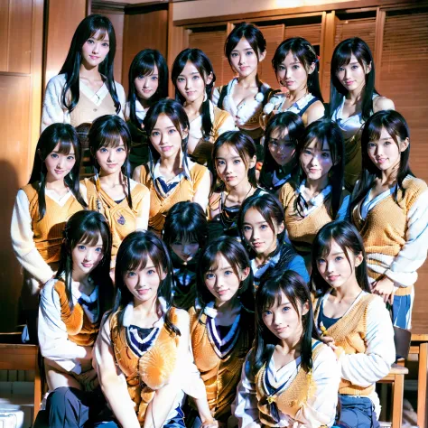 Raw photo、(((multiple girls))),((((6+girls)))),((((100girls)))),(((1000girls)))、((((100 Girls))))、((((Gigantic Breasts))))、Women only、The same face、matching school uniform、12 years old、Long black hair、100 cute girls、a smile、Scene from school、School route、(...