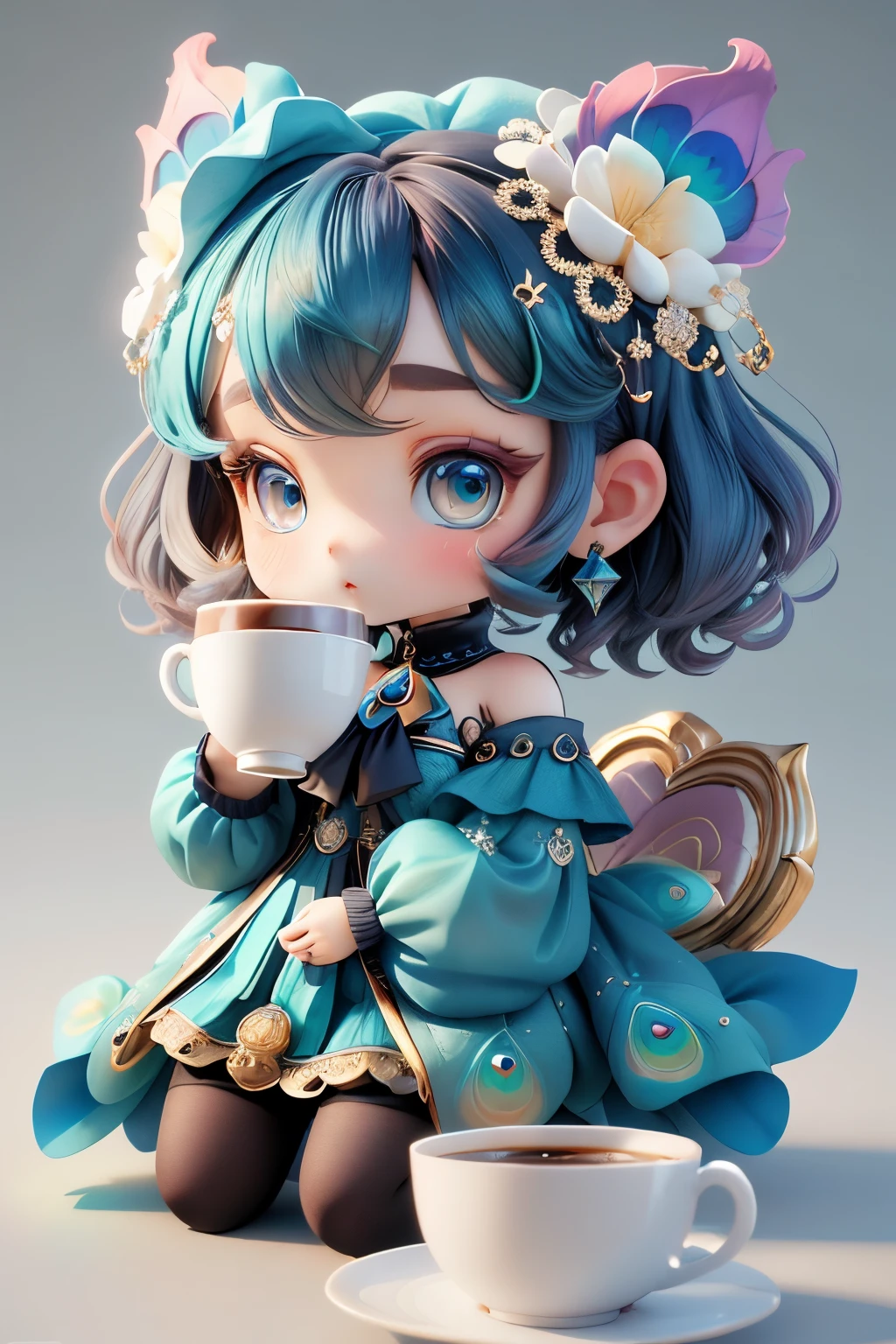 plastican00D, 1 Mädchen in, chibi, Dopamin-Farbabgleich, Double DiamonD, Pfauenblau, luxuriöse Stoffe, Dither, ProfounD,HolDing a coffee cup, clean backDrop３D、4ｄ