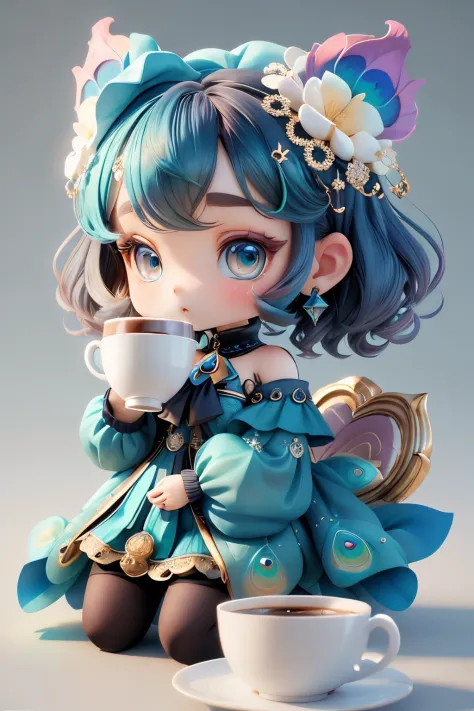 plastican00d, 1 girl in, Chibi, Dopamine color matching, Double diamond, Peacock blue, luxurious fabrics, dither, Profound,Holding a coffee cup, clean backdrop３d、4ｄ