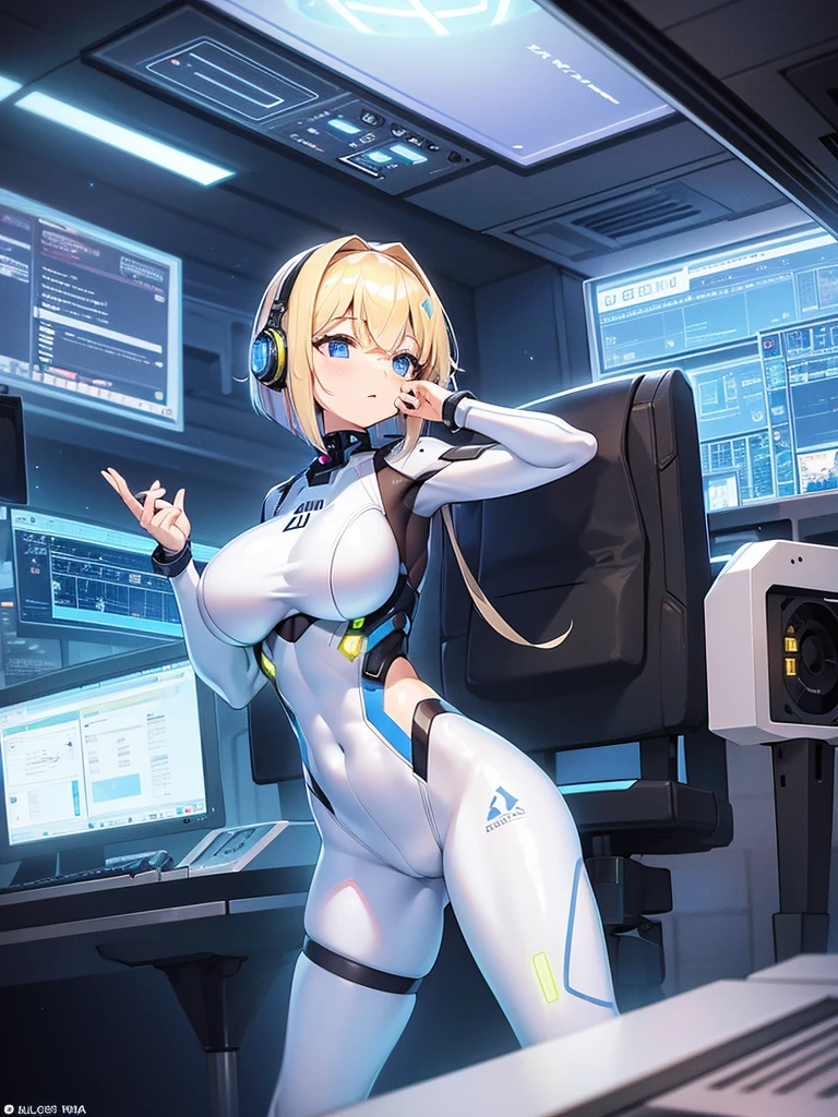 ​masterpiece:1.4, 1girl in ((20yr old, Wearing a futuristic white and silver costume, Tight Fit Bodysuit, long boots, Very gigantic-breasts, Multicolored blonde hair, a short bob, Perfect model body, Blue eyes:1.2, Wearing headphones, Looking out the window of the futuristic sci-fi space station、While admiring the beautiful galaxy:1.2, SFSF control room on night background:1.1, Neon and energetic atmosphere:1.2)) ((Galaxy))