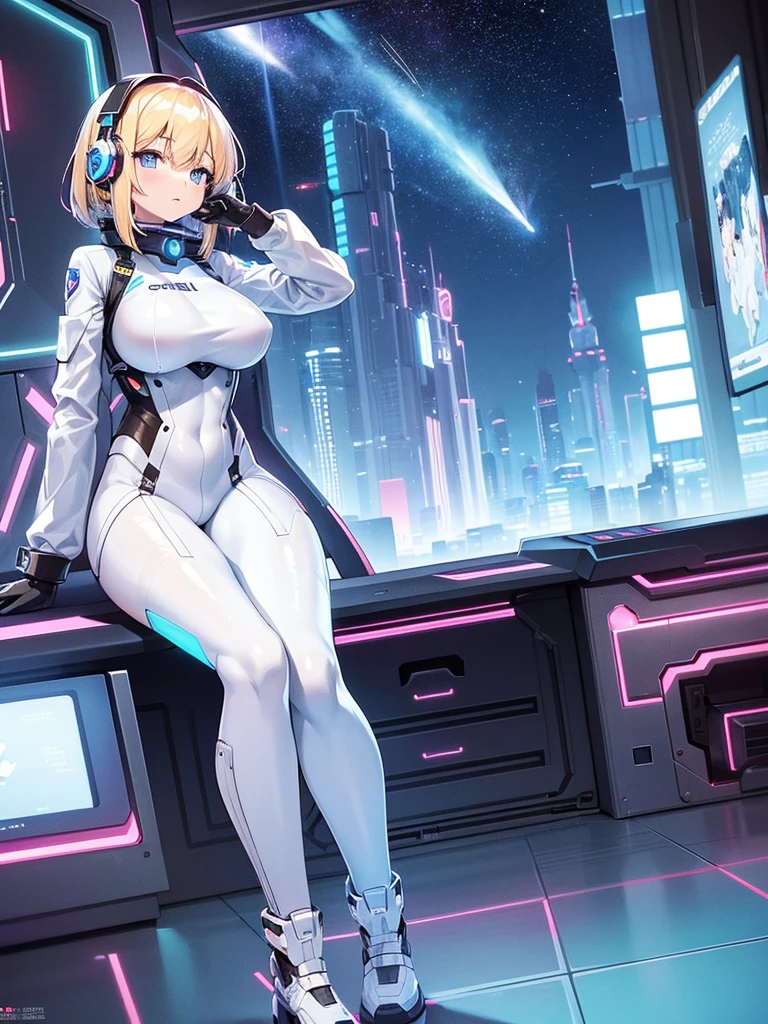 ​masterpiece:1.4, 1girl in ((20yr old, Wearing a futuristic white and silver costume, Tight Fit Bodysuit, long boots, Very gigantic-breasts, Multicolored blonde hair, a short bob, Perfect model body, Blue eyes:1.2, Wearing headphones, Looking out the window of the futuristic sci-fi space station、While admiring the beautiful galaxy:1.2, SFSF control room on night background:1.1, Neon and energetic atmosphere:1.2)) ((Galaxy))