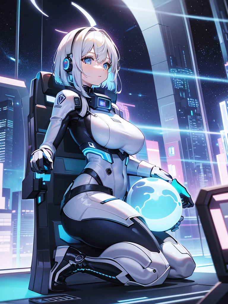 ​masterpiece:1.4, 1girl in ((20yr old, Wearing a futuristic white and silver costume, Tight Fit Bodysuit, long boots, Very gigantic-breasts, Multicolored blonde hair, a short bob, Perfect model body, Blue eyes:1.2, Wearing headphones, Looking out the window of the futuristic sci-fi space station、While admiring the beautiful galaxy:1.2, SFSF control room on night background:1.1, Neon and energetic atmosphere:1.2)) ((Galaxy))