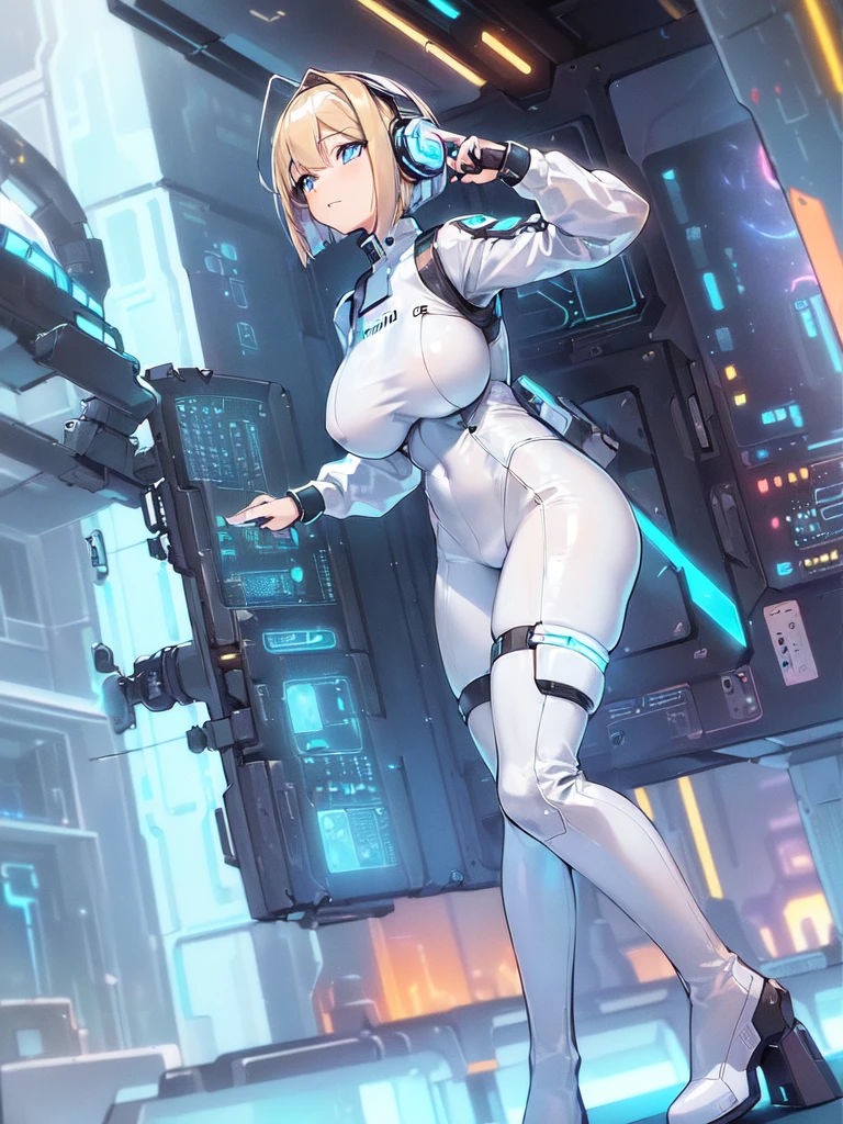 ​masterpiece:1.4, 1girl in ((20yr old, Wearing a futuristic white and silver costume, Tight Fit Bodysuit, long boots, Very gigantic-breasts, Multicolored blonde hair, a short bob, Perfect model body, Blue eyes:1.2, Wearing headphones, Looking out the window of the futuristic sci-fi space station、While admiring the beautiful galaxy:1.2, SFSF control room on night background:1.1, Neon and energetic atmosphere:1.2)) ((Galaxy))