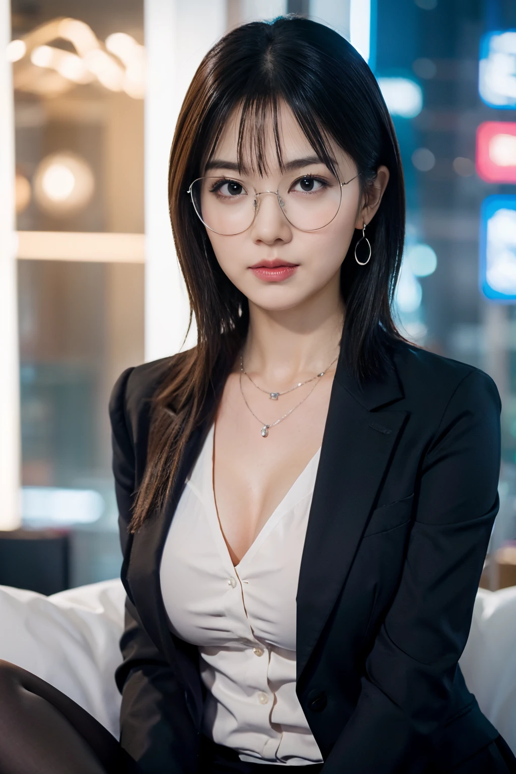 hight resolution, extremely detailed photo, hyper realstic, Professional Lighting, detailed bust, 8k wallpaper, masutepiece, Best Quality, 1girl in, bobhair, Look at viewers, Business suits, The shirt, Silver-rimmed glasses, Earring, a necklace, pantyhose, well-shaped bust, bokeh dof, Arms Down, Breasts squeezed together