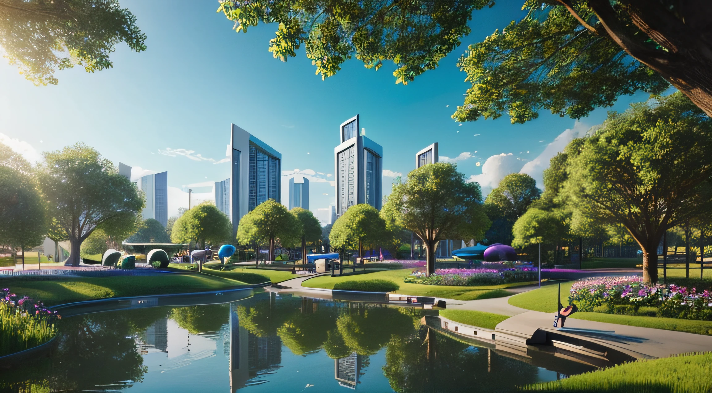 a 밝은 park in a futuristic utopian city, 연못이 있는, 밝은, 깨끗한, 사실적인