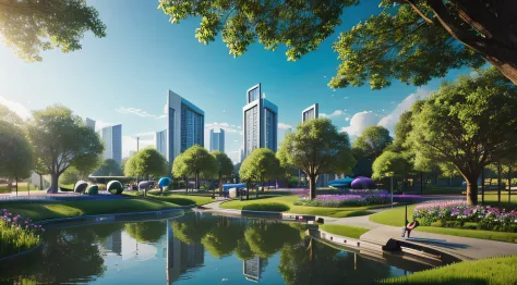 a bright park in a futuristic utopian city, with a pond, bright, clean, photorealistic