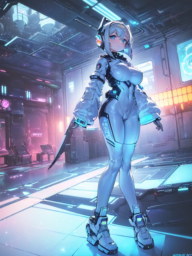 ​masterpiece:1.4, 1girl in ((20yr old, Wearing a futuristic white and silver costume, Tight Fit Bodysuit, long boots, Very gigantic-breasts, Multicolored blonde hair, a short bob, Perfect model body, Blue eyes:1.2, Wearing headphones, Looking out the window of the futuristic sci-fi space station、While admiring the beautiful galaxy:1.2, SFSF control room on night background:1.1, Neon and energetic atmosphere:1.2)) ((Galaxy))