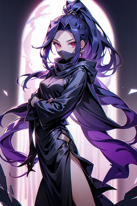 A mysterious female ninja in her late 20s.、Wear less revealing clothing、Long black hair in ponytail、dark blue cloak and hood、dee...