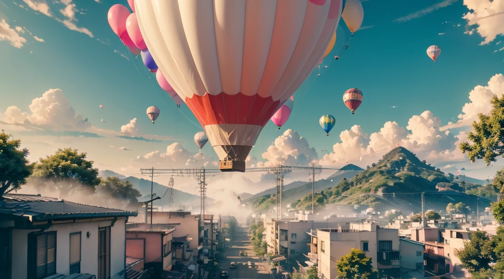 5 large white balloons,((hyper realistic detailed)),globalillumination, shadowing, octaneratingrendering, 8K, iintricate, cool colours, sunlights，sunills，tall house，exhaust emissions，Guangzhou，The Car，City，the street，crowd of，in style of kyoto animation，Kyoto Animation