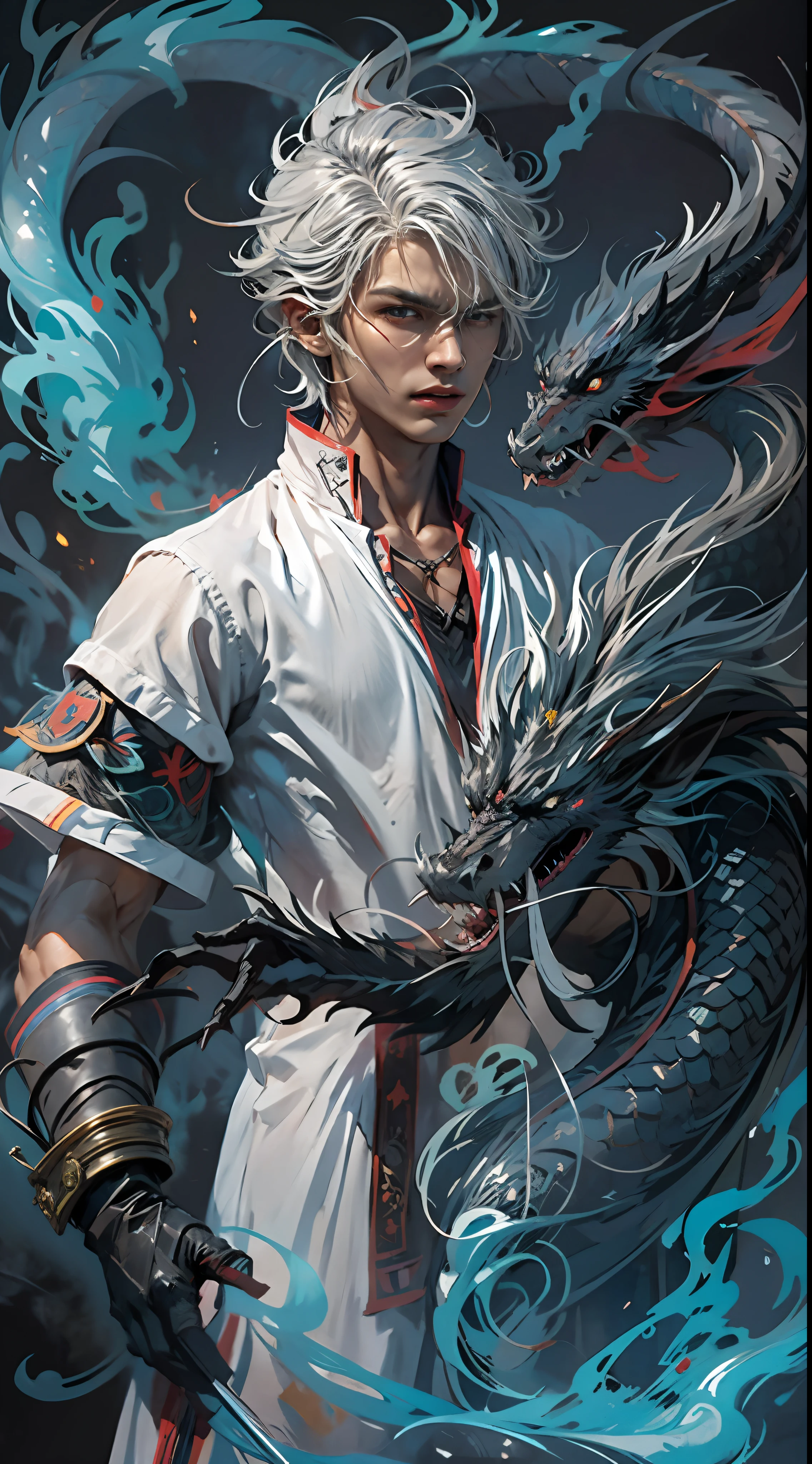 A high resolution，high detal，8K，（A boy:1.9），cool guy，high-definition face，Messy short silver-white hair and medium white hair standing at the ends，A gifted dark spell master，Black and white spell master set，A hand burning with blue flames，fire spell，A fierce black dragon leans against the protagonist，The is very detailed，Ultra-high sharpness，Thick coating，Dragons surround the background