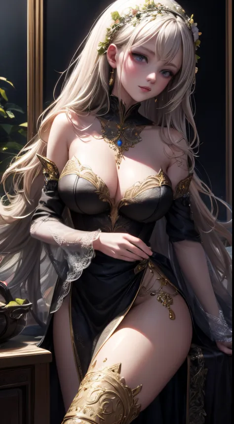 Masterpiece, Detailed Illustration, Top Quality, Exquisite, Anime style, disfigured, As a matter of fact, baby with big breasts, beautiful albino girl, 20years old, full - body, Side Shot, Piercing all over the body, Detailed tattoos are everywhere, Crysta...