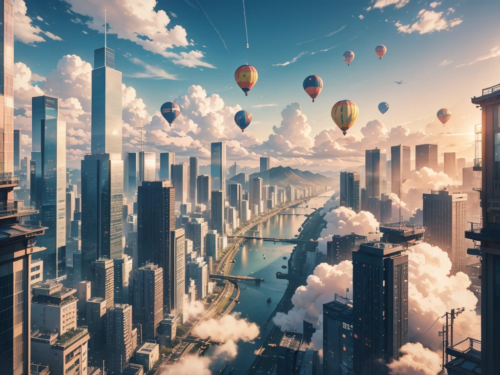 5 große weiße Luftballons,((Ein zylindrisches Gerät hängt unter dem Ballon)),globale Beleuchtung, Zellenschattierung, Achteck-Rendering, 8K, kompliziert, coole Farben, Sonnenstrahlen，Hohes Haus，Abgas Emissionen，Kantonesisch，Guangzhou，Das Auto，Stadt，Innenstadt，Straßenansicht，die Straße，Ampel，Zebrastreifen，Fußgänger，Menge von，im Stil der Kyoto-Animation，Kyoto-Animation，citypop