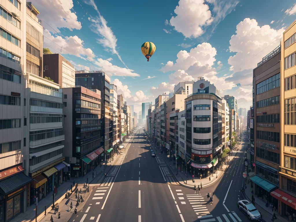 5 large white balloons,((A cylindrical device hangs beneath the balloon)),globalillumination, cellshading, Octagon rendering, 8K, iintricate, cool colours, rays of sunshine，suns，sunshine，light and shadow effect，high house，Exhaust emissions，Cantonese，Guangzhou，The Car，城市，down town，streetview，the street，traffic light，zebra crossings，pedestrians，crowd of，in style of kyoto animation，Kyoto Animation，citypop